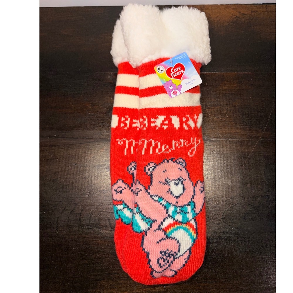 Care Bears Cheer Bear Red Slipper Socks Plush Lined Non-Slip‎ Gripper